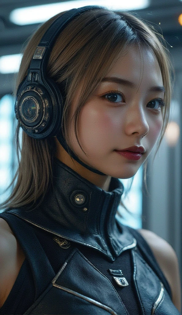 Realistic cyborg female face concept in exoskeleton on spaceship background, shot on 35mm objective, 4k style, highest quality.