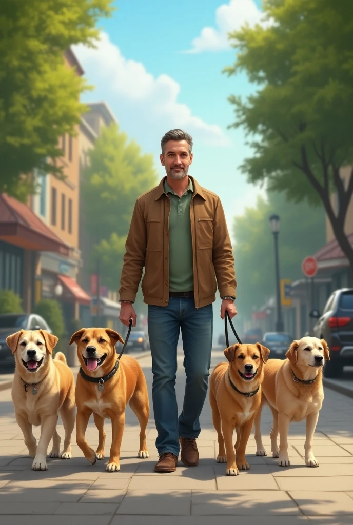 A man and three women walking their dogs on the lawn