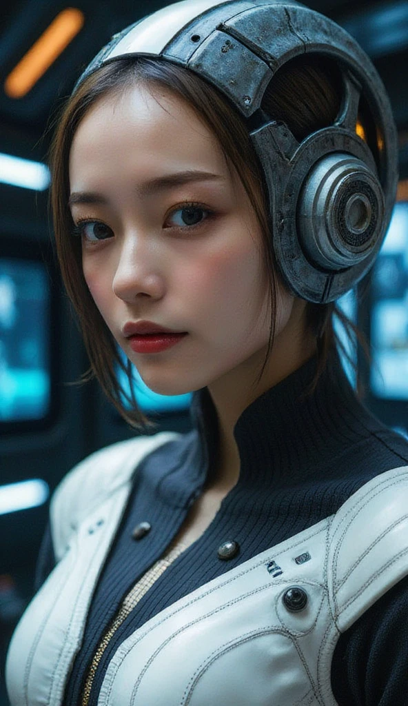 Realistic cyborg female face concept in exoskeleton on spaceship background, shot on 35mm objective, 4k style, highest quality.