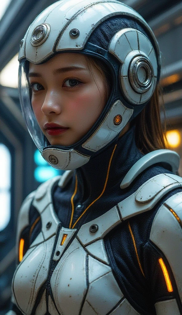 Realistic cyborg female face concept in exoskeleton on spaceship background, shot on 35mm objective, 4k style, highest quality.