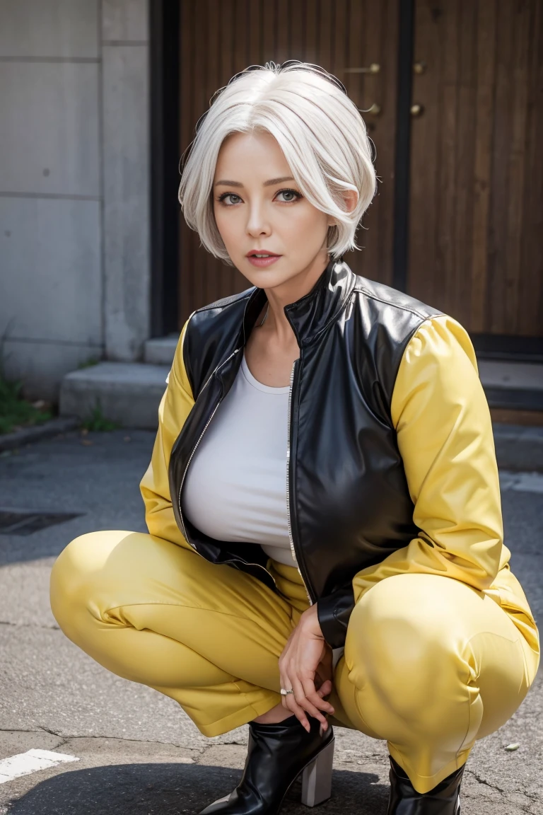 A sexy Hot beautiful mature women. Short white hair. Squatting down . Wearing a black and yellow laytax suit. 