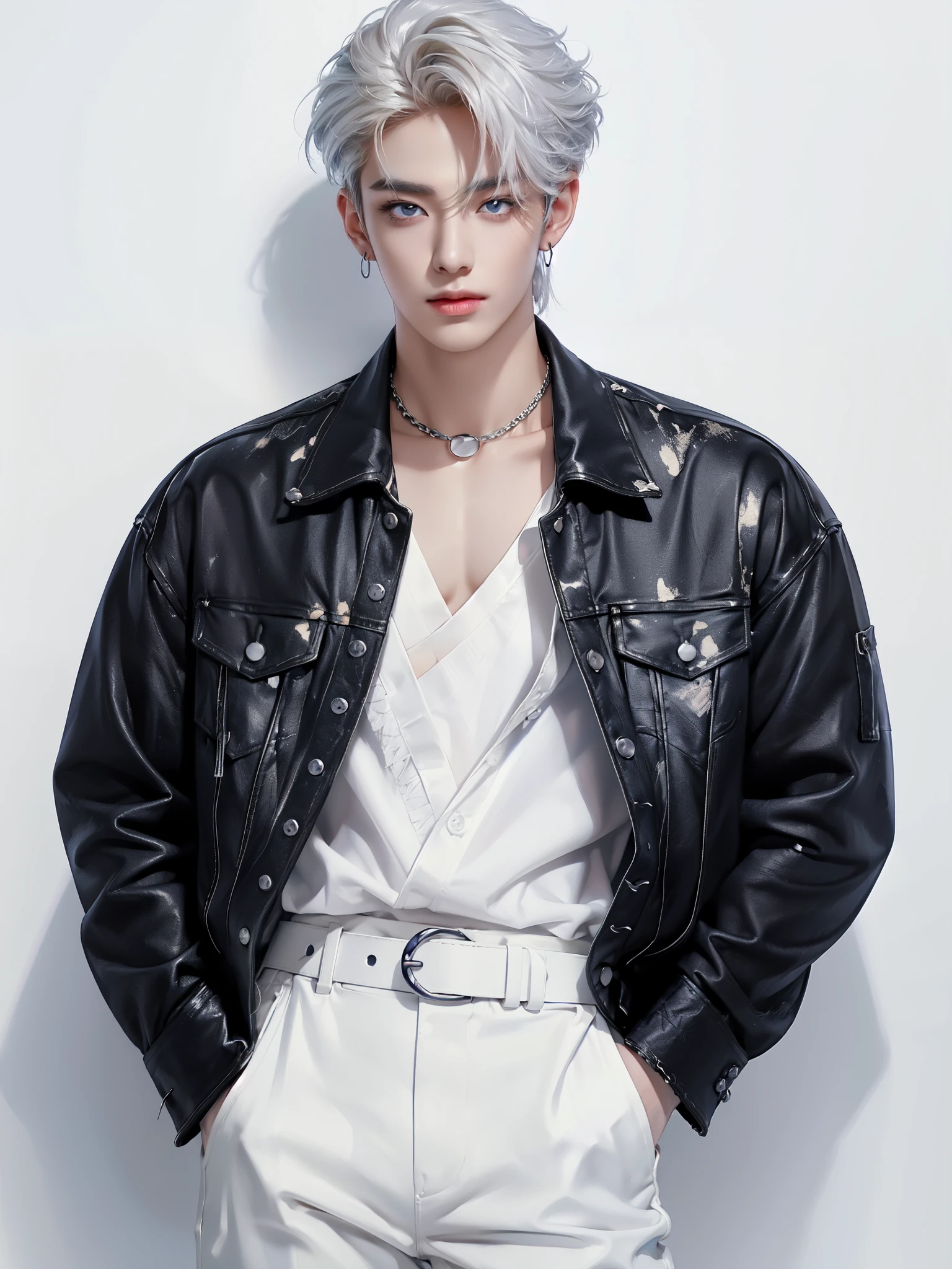 (4K)) ((  High quality  )) ((white background))    stands straight , Korean, Участник K-pop группы,     Youngjae — a bright and memorable character with a spectacular appearance ........ His hair is white. Medium length hair. His eyes are light blue in color............  Yongjae has a distinctive  .,     outfit with slightly sharp cheekbones and a thin nose    , ,   which makes his appearance almost modeled   .  Наряд    outfit with slightly sharp cheekbones and a thin nose    ........ . He is wearing a V-neck blouse......., black distressed denim jacket. through:   White high-waisted bras and a classic-cut outfit  . He also loves accessories......, such as massive rings, earrings, chains and bracelets, chokers on the neck. (( very detailed face )) (( detailed eyes)) ((    relaxed pose    )) ((full length pose)) ((looks at me)) ((hands are relaxed)) ((white hair)) ((detailed face)) ((  hand in pocket) ((full length pose)) ((painting in artistic style)) ((trousers with belt)) ((   stands straight ))
