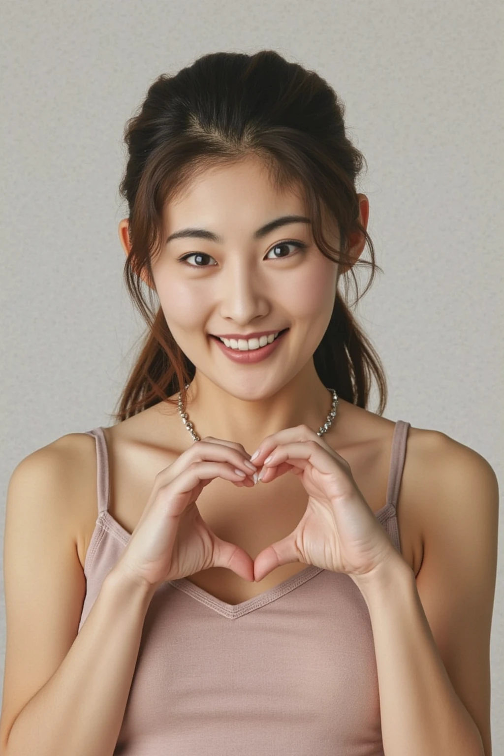 She is in a pose wearing a sexy camisole, making a firm big heart shape with both hands, and holding it in front of her chest, Cute smile up

