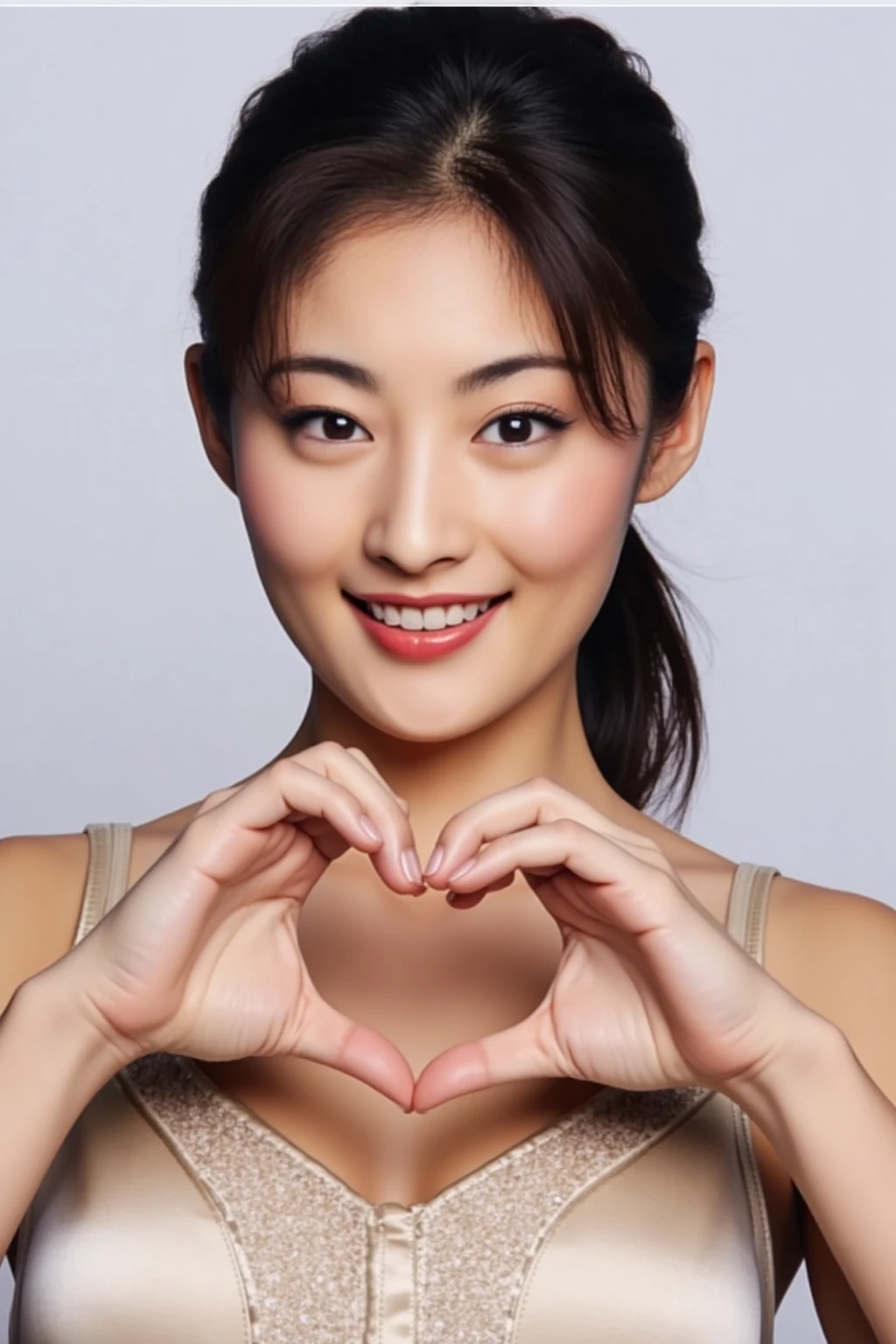 She is in a pose wearing a sexy camisole, making a firm big heart shape with both hands, and holding it in front of her chest, Cute smile up

