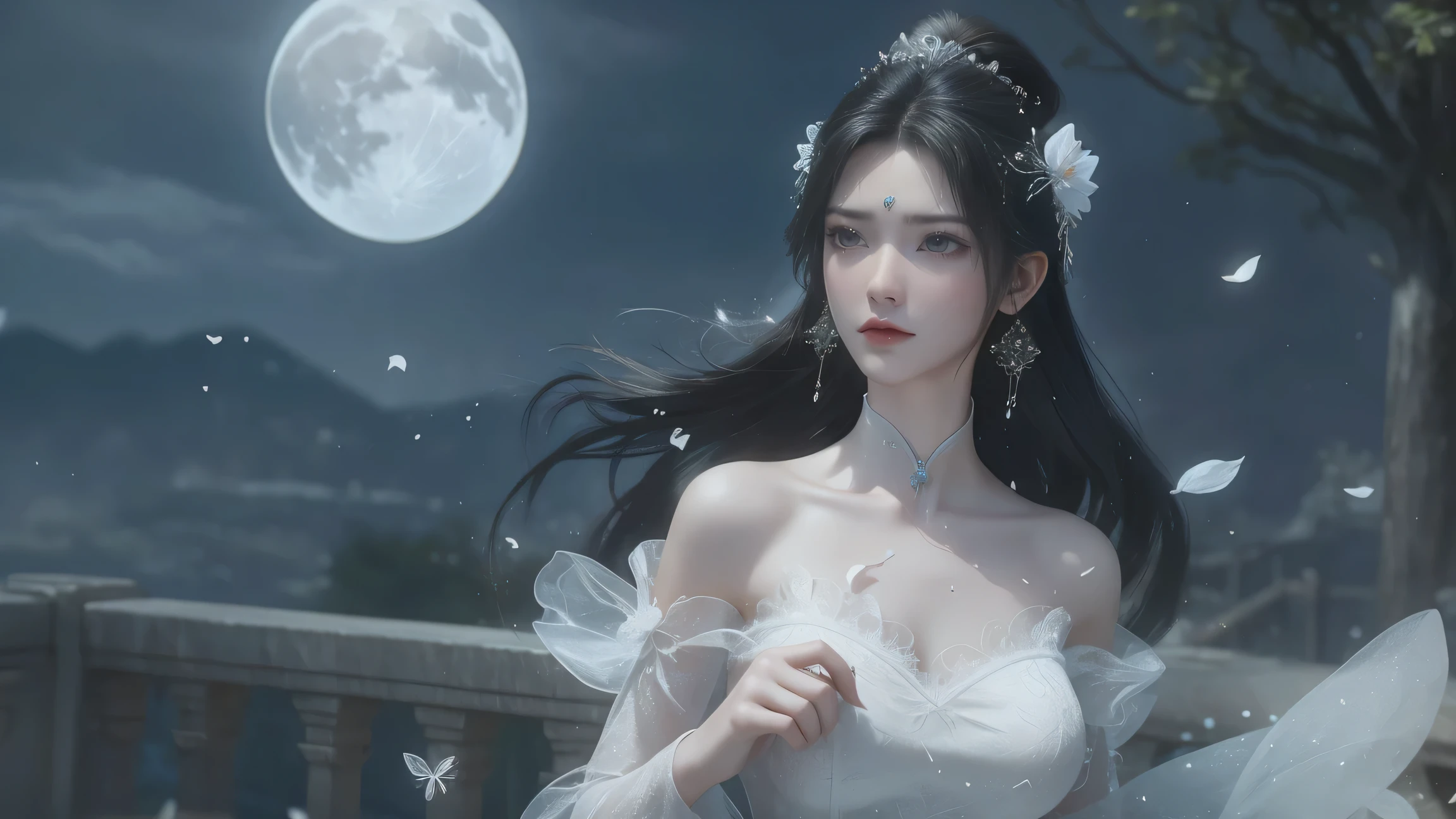 A beautiful woman with perfect curves wearing a long white dress that gently flutters in the air,The beautiful woman was standing in a sea of beautiful flowers surrounding her, Chinese traditional, her flexible body increasing with every movement, So enchanting, the dim candlelight, the glowing butterflies fighting the darkness of the night, the light of the moon, The night wind blowing the curtains, the white flower petals , flower petals flying around the room, Chinese dancing, This woman is so beautiful that she attracts everyone who watches her, ancient China, imperial empress