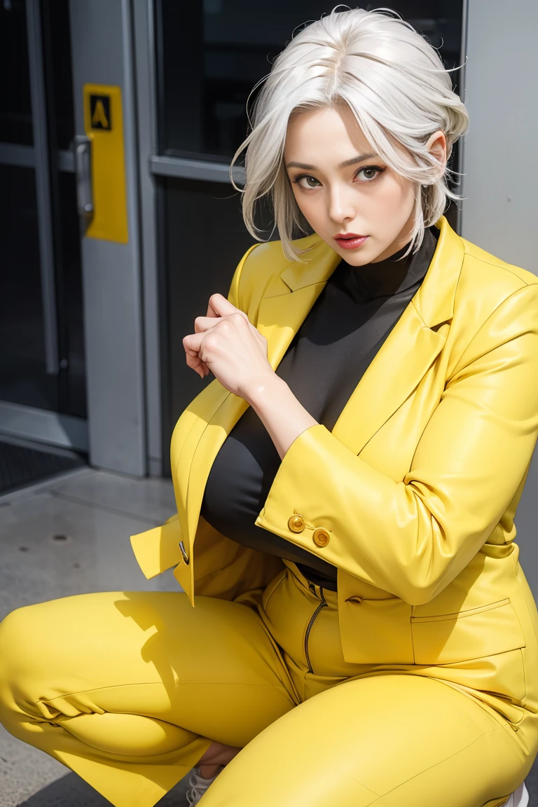 A sexy Hot beautiful mature women. Short white hair. Squatting down . Wearing a black and yellow laytax suit. 