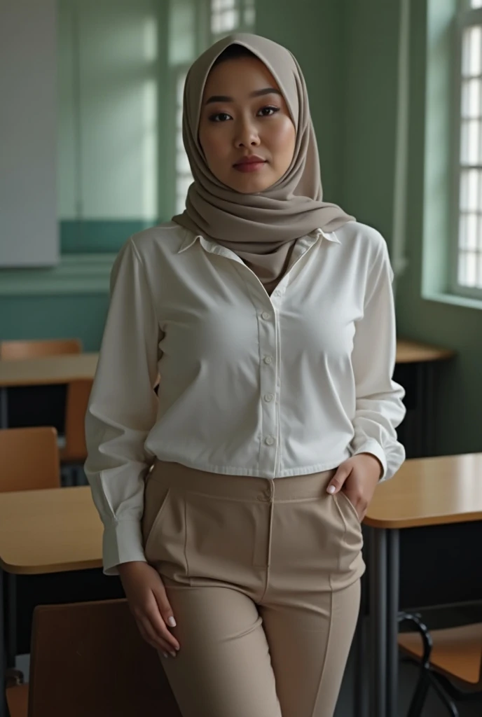 woman 30 years old, shirt, beautiful face, teasing, pants, office, light khaki hijab, white skin
