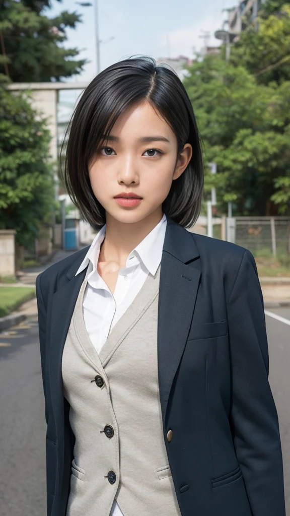 solo,  due to abdominal pain,  Kampala, masterpiece,  anatomically correct, Best Quality,  textured skin around the chest,  ultra-fine, woman、 Japanese high school blazer uniform、In front of the high school gate、