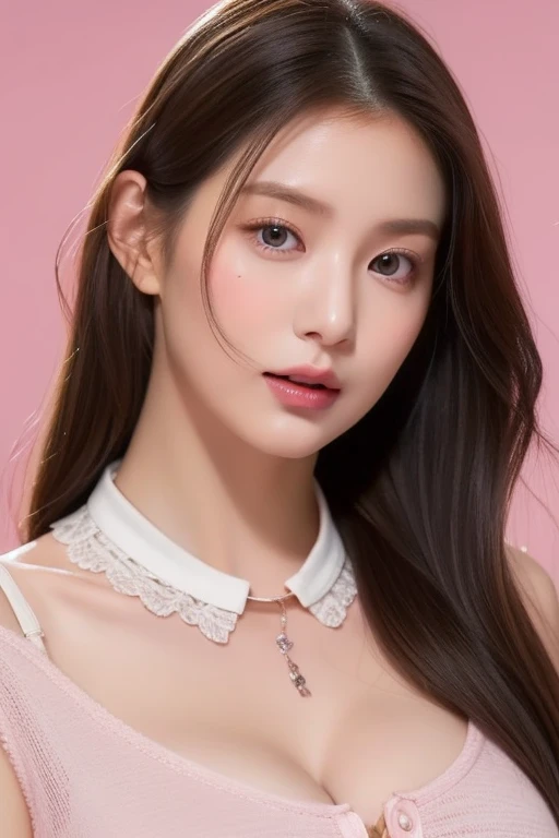 perfect figure beautiful woman：1.4，Layered Hair Style，Protruding cleavage，Pink two-dimensional clothing：1.5，Highly Detailed Face and Skin Textur，double eyelid，Whiten the skin，long whitr hair，playing water，Collar, pink lilac eyes, bambi eyes