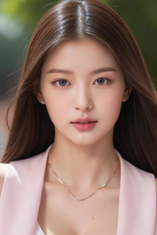 perfect figure beautiful woman：1.4，Layered Hair Style，Protruding cleavage，Pink two-dimensional clothing：1.5，Highly Detailed Face and Skin Textur，double eyelid，Whiten the skin，long whitr hair，playing water，Collar, pink lilac eyes, bambi eyes