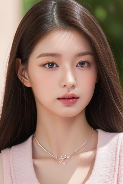 perfect figure beautiful woman：1.4，Layered Hair Style，Protruding cleavage，Pink two-dimensional clothing：1.5，Highly Detailed Face and Skin Textur，double eyelid，Whiten the skin，long whitr hair，playing water，Collar, pink lilac eyes, bambi eyes