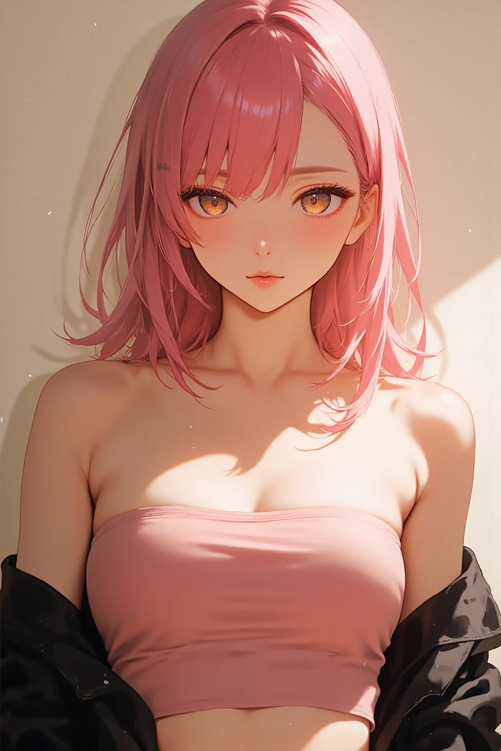 (best quality, highres), portrait, upper body, young cool type girl, long hair, swept-side bangs, [[[pink hair]]], orange eyes, big breasts, plain wall, ultra detailed cg, hyperrealistic and photorealistic style, detailed skin texture and coloring, (underboob), tube top, red lips
