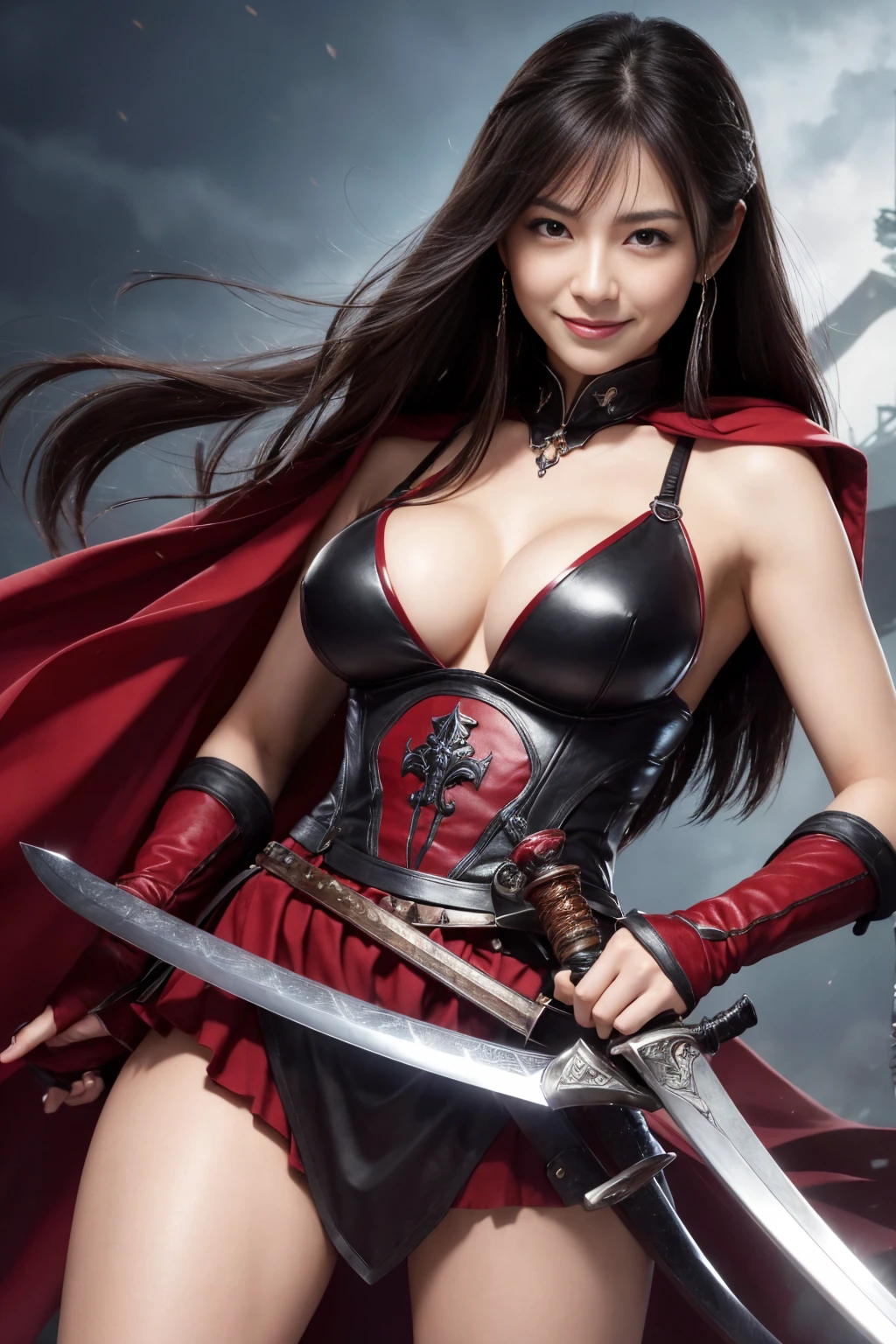 An ultra hot gorgeous European woman, age 23,in action pose,  she’s holding a katana. Body covered of blood and blood splatter. Blood on clothes, blood on face, blood on body. She’s full of fury and anger. Outside, in the snowy streets of a town after a disaster. Flames, heavy smoke.