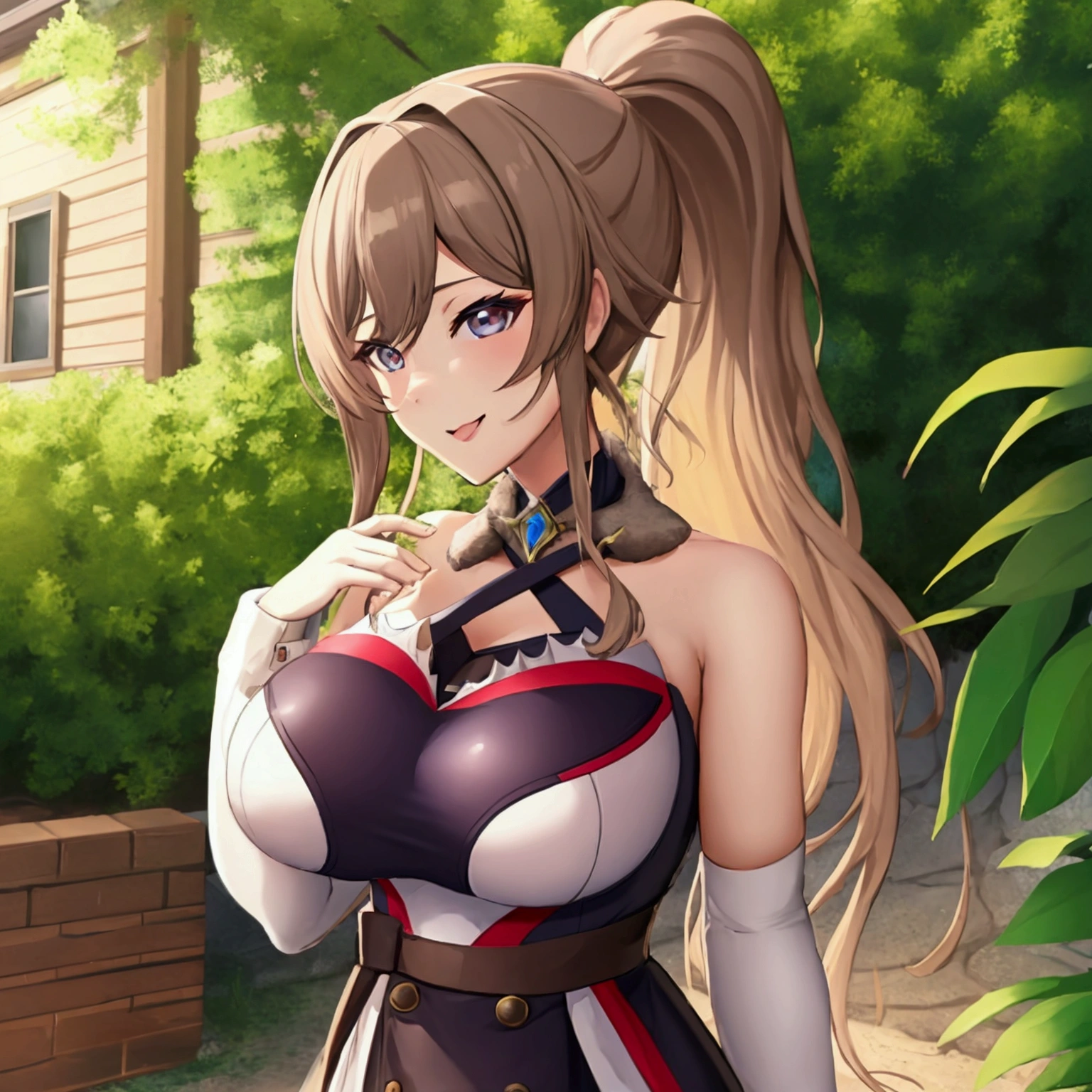 best quality, masterpiece, 1girl, raytracing, ultra detailed,detailed face, 8k wallpaper, wide hips, smile, higuchi kaede_NDV, 1girl, Brown hair, large breasts, long hair, ponytail, Blue eyes,レザーボンテージスーツ ,white skin, outdoor,sexy,nicepussy,nicetits,nicehip,