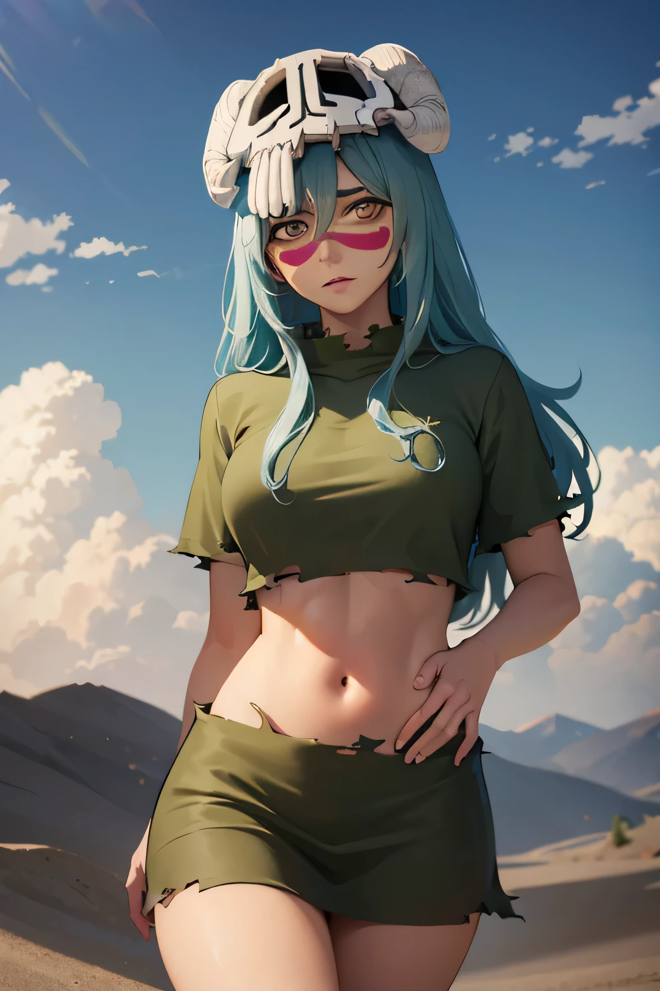 nellieltuodelschwanck, nelliel tu odelschwanck, long hair, green hair, (facial mark:1.5), skull, (brown eyes:1.5), green hair,
BREAK normal outfit, skirt, barefoot, midriff, torn clothes, crop top, short sleeves,
BREAK outdoors, desert, sky, sun, cloud,
BREAK looking at viewer, (cowboy shot:1.5),
BREAK (masterpiece:1.2), best quality, high resolution, unity 8k wallpaper, (illustration:0.8), (beautiful detailed eyes:1.6), extremely detailed face, perfect lighting, extremely detailed CG, (perfect hands, perfect anatomy),