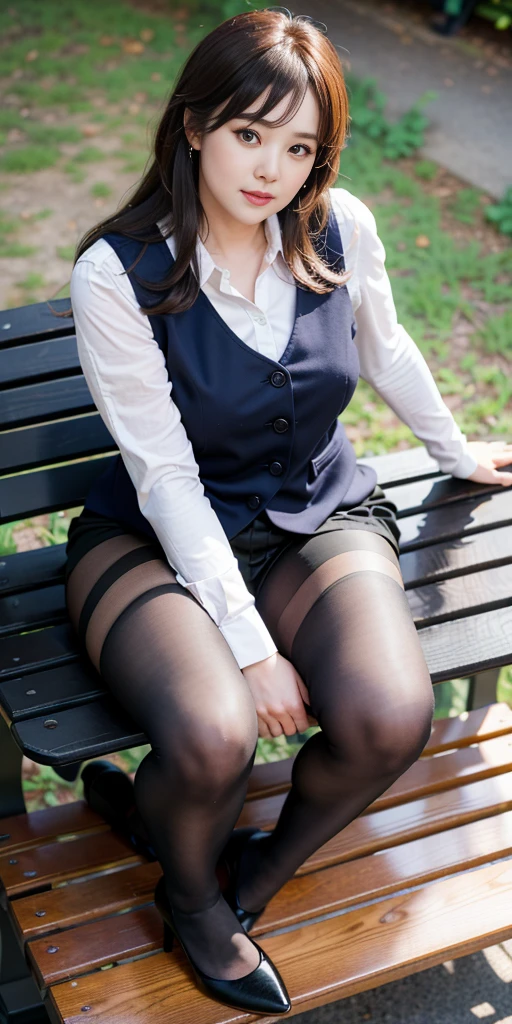 ulzzang-6500-v1.1, (RAW photo:1.2), (Photoreal), (muste piece), (genuine:1.4), １girl、perfect anatomy、48 years old、look at the camera、medium long hair、plaid vest、((sitting on the bench:1.3))、(Super realistic black sheer pantyhose:1.2), (high heels)、(business services)、