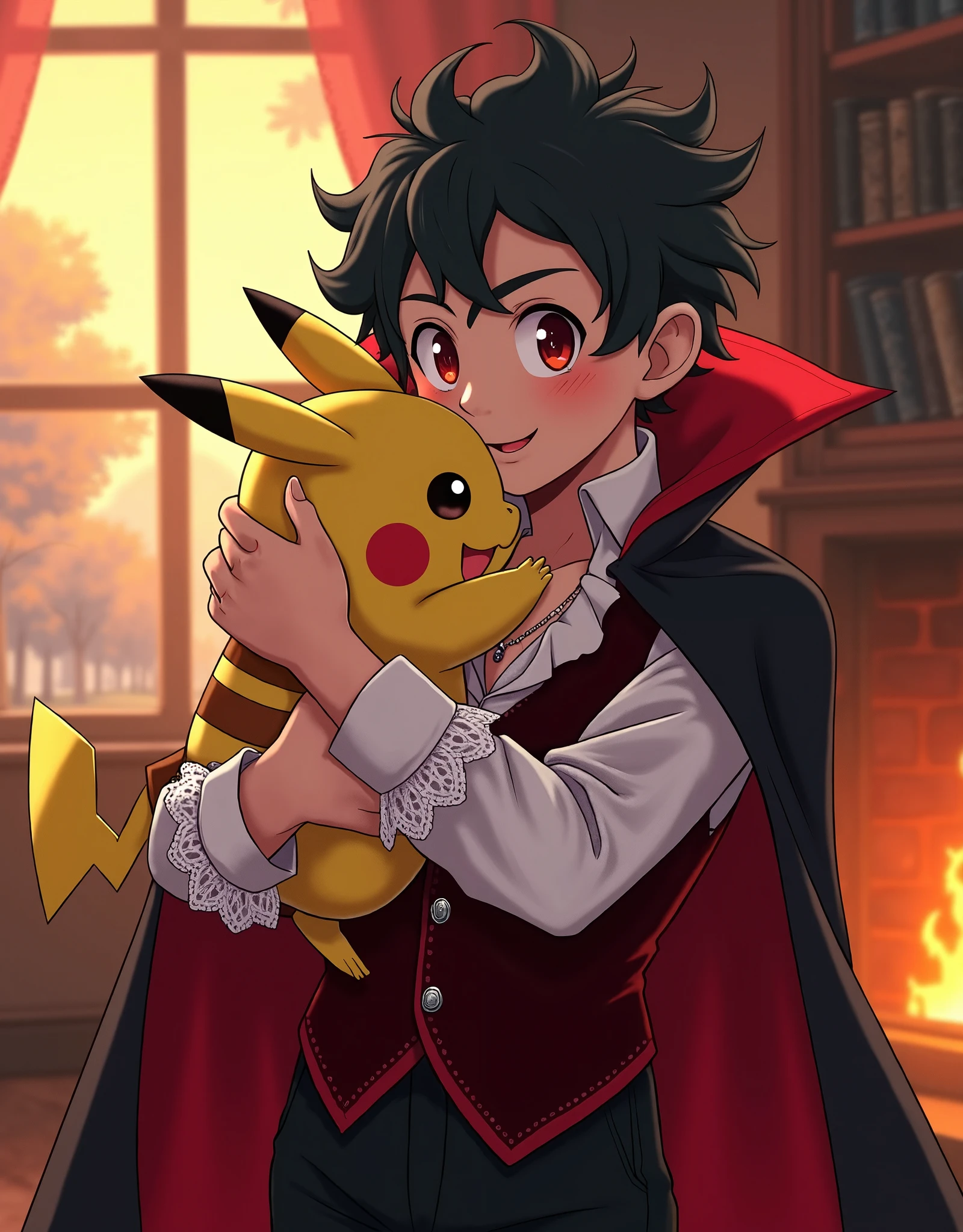 Whimsical anime style, bright coloes. Cute vampire man, tousled black hair, sparkling red eyes, slightly pointed ears. He's hugging a Pikachu tightly, his head resting on its soft fur. He's wearing a velvet burgundy waistcoat, a white ruffled shirt with lace cuffs, and black breeches, vampiric cape. He has a silver locket hanging around his neck. Surrounding them is a cozy firelit study, with warm light emanating from the fireplace, autumn outside.