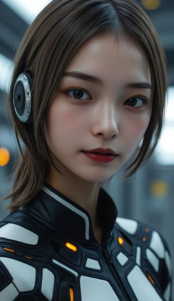 Realistic cyborg female face concept in exoskeleton on spaceship background, shot on 35mm objective, 4k style, highest quality.