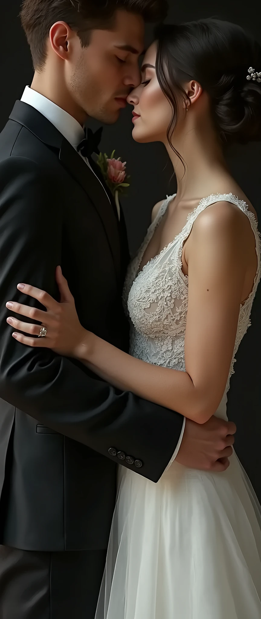 un primer plano de una novia y un novio con las manos en el pecho, Detalles en abundancia, Detalles perfectos, manos elegantes, foto de la revista vogue, photo of a hand jewelry model, alejado, Mira todos esos detalles, manos retocadas, incredibly detailed, muy detalles, alejado shot, el anillo es horizontal, Detalles suaves, detalles intrigantes