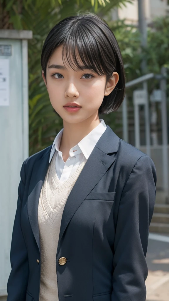 solo,  due to abdominal pain,  Kampala, masterpiece,  anatomically correct, Best Quality,  won many awards ,  ultra-fine,  textured skin around the chest,  very detailed, Large Breasts, woman、 short hair parted to the center、 Japanese high school blazer uniform、In front of the high school gate、