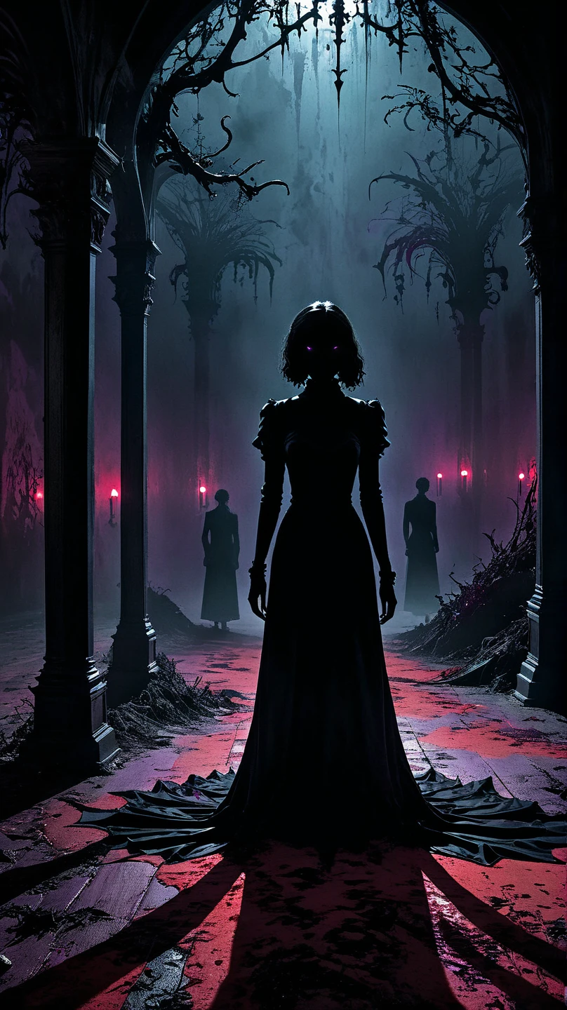 Horrifying scene, showing only a dark silhouette on the ground in the darkness.

General aesthetic: mixes elements of psychological horror with gothic visuals, vivid shadows, and supernatural environments. The lighting effects are key, with a play of light and shadows creating tension with each frame. The predominant color is black, with shades of red and purple to accentuate the atmosphere of terror.