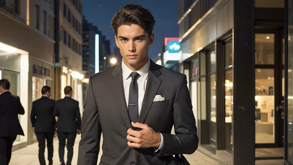  a man wearing a suit in the city at night　His hair is styled with gel 