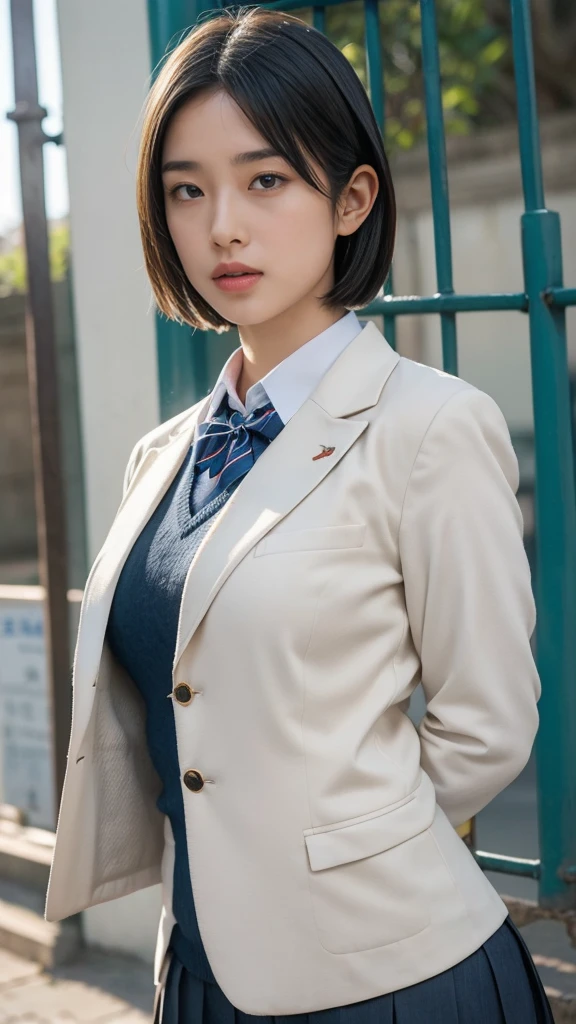 solo,  due to abdominal pain,  Kampala, masterpiece,  anatomically correct, Best Quality,  won many awards ,  ultra-fine,  textured skin around the chest,  very detailed, Large Breasts, woman、 short hair parted to the center、 Japanese high school blazer uniform、In front of the high school gate、