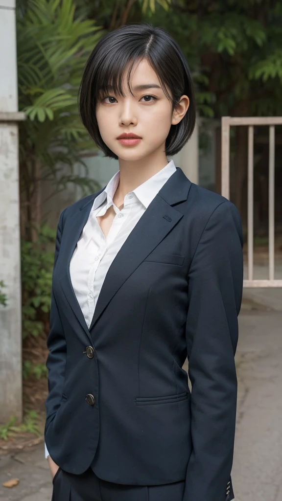 solo,  due to abdominal pain,  Kampala, masterpiece,  anatomically correct, Best Quality,  won many awards ,  ultra-fine,  textured skin around the chest,  very detailed, Large Breasts, woman、 short hair parted to the center、 Japanese high school blazer uniform、In front of the high school gate、