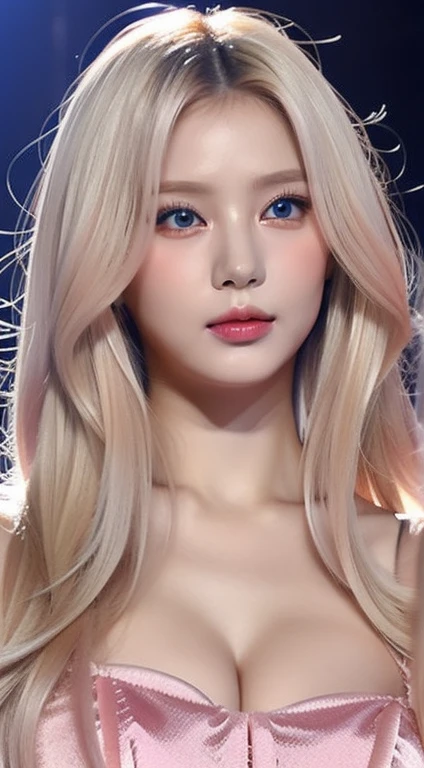 perfect figure beautiful woman：1.4，Layered Hair Style，Protruding cleavage，Pink two-dimensional clothing：1.5，Highly Detailed Face and Skin Textur，double eyelid，Whiten the skin，blond long whitr hair，playing water，Collar, blue light eyes, bambi eyes