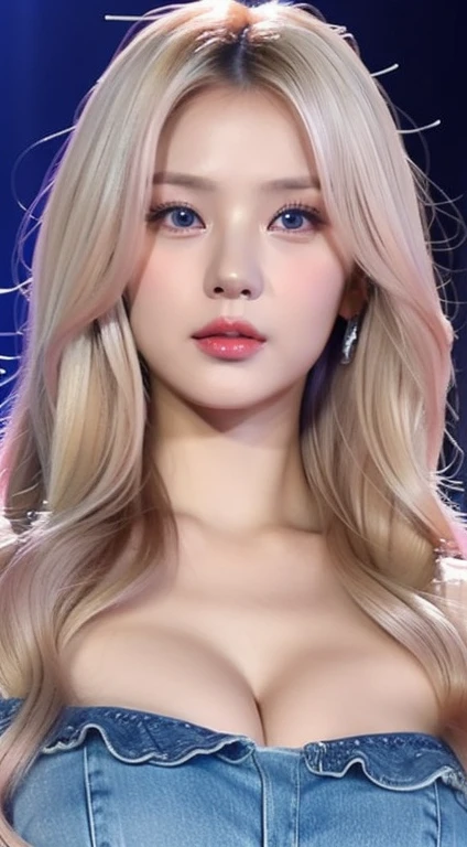 perfect figure beautiful woman：1.4，Layered Hair Style，Protruding cleavage，Pink two-dimensional clothing：1.5，Highly Detailed Face and Skin Textur，double eyelid，Whiten the skin，blond long whitr hair，playing water，Collar, blue light eyes, bambi eyes