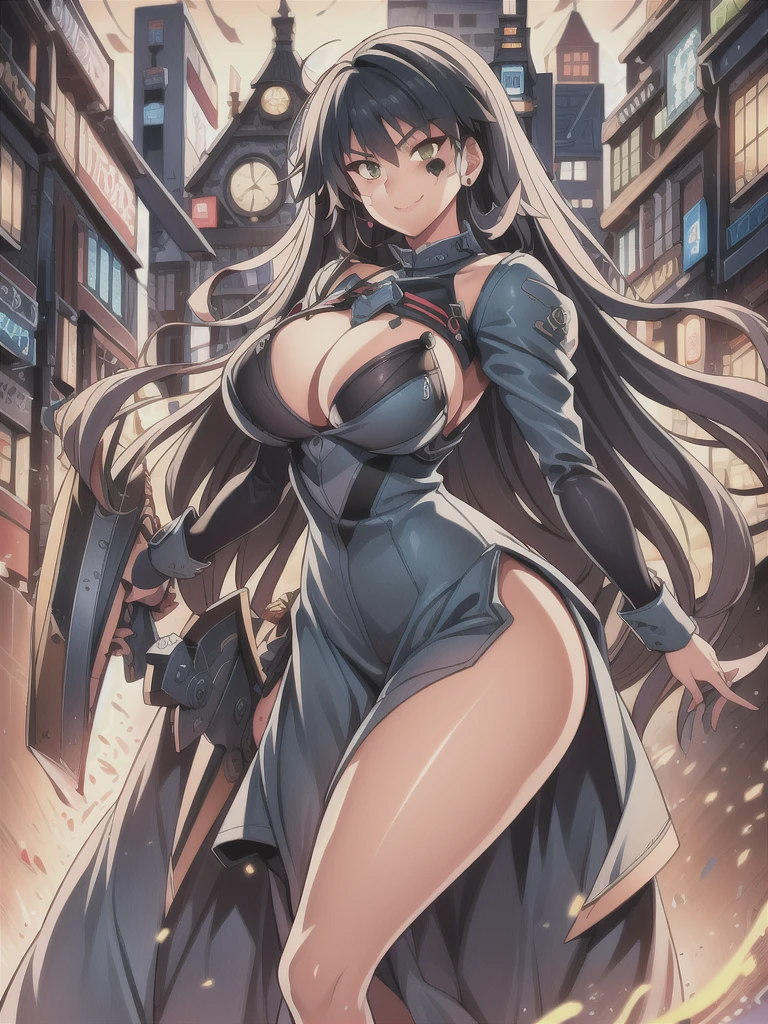 masterpiece,best quality,kim_kwang_hyun, 1girl,musashi , large breasts, large Long hair, Blueish-black hair, bangs, solo, big busty , large huge breasts, looking at viewer,  clear brown colored eyes, eye scar, Large Long hair, blueish-black hair, large huge breasts, long sleeves, dress, cleavage, closed mouth,weapon((Trident)), puffy sleeves, arm up, clothing cutout, copyright name, green dress, cleavage cutout, juliet sleeves , power armor, shoulder armor, large Long hair, blueish-black hair, city Smile, neon-green colored eye, eye scar, Wearing earphones