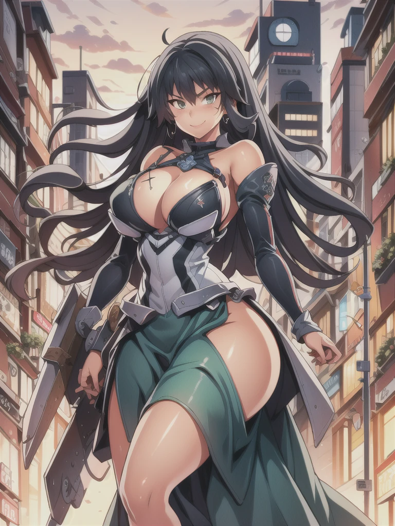 masterpiece,best quality,kim_kwang_hyun, 1girl,musashi , large breasts, large Long hair, Blueish-black hair, bangs, solo, big busty , large huge breasts, looking at viewer,  clear brown colored eyes, eye scar, Large Long hair, blueish-black hair, large huge breasts, long sleeves, dress, cleavage, closed mouth,weapon((Trident)), puffy sleeves, arm up, clothing cutout, copyright name, green dress, cleavage cutout, juliet sleeves , power armor, shoulder armor, large Long hair, blueish-black hair, city Smile, neon-green colored eye, eye scar, Wearing earphones