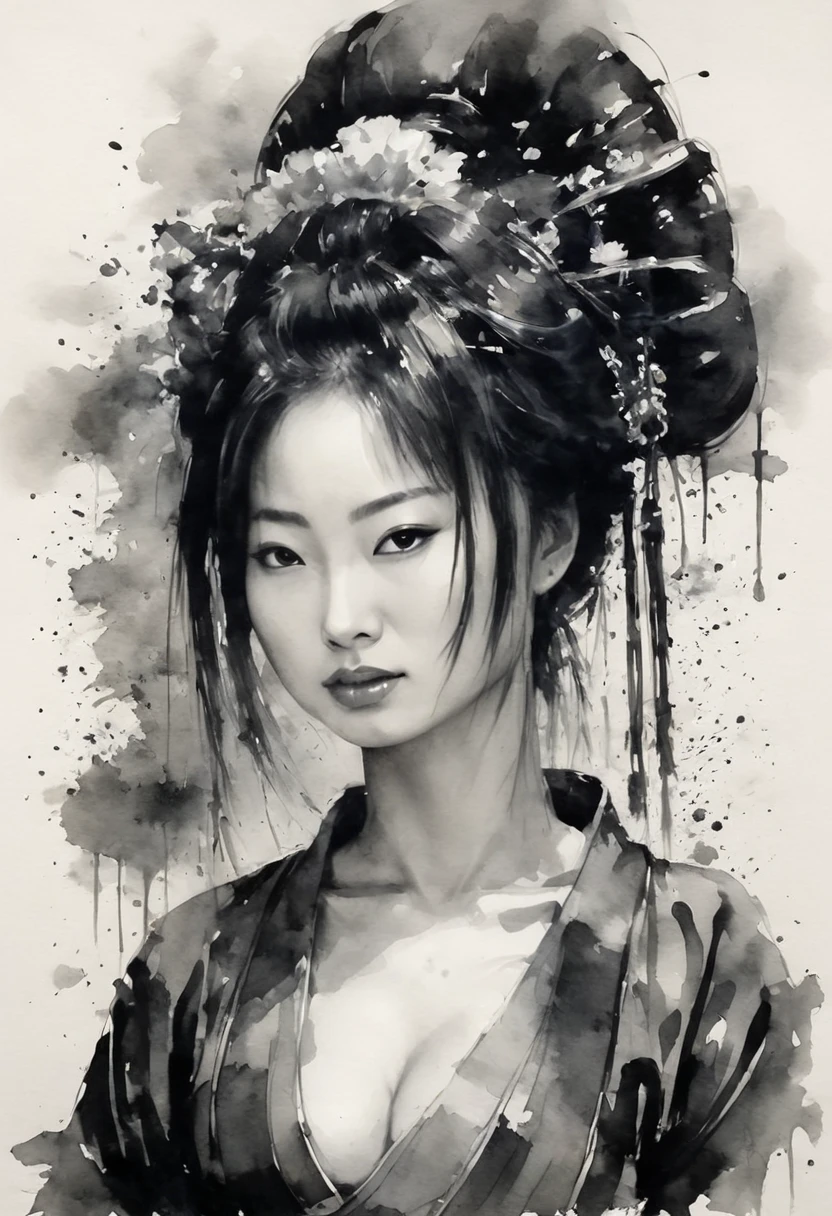 Sumi-e style,Ink and ink painting,Black and white painting,splash,Nikole man,Oiran,kodew