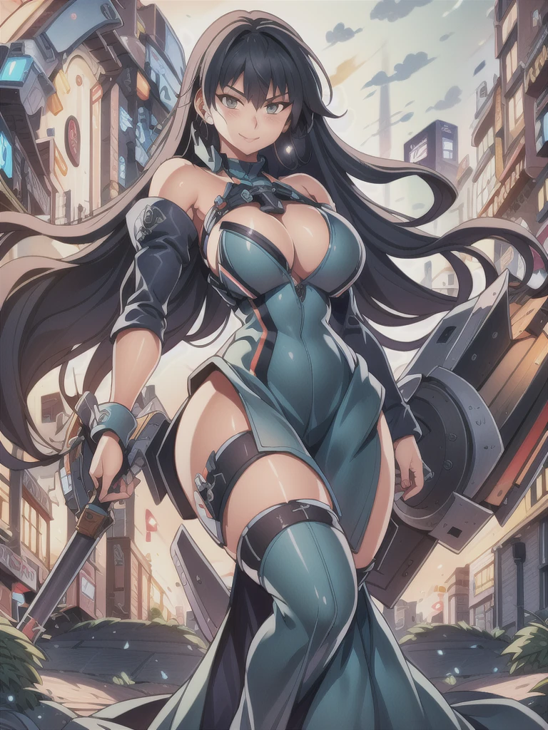 masterpiece,best quality,kim_kwang_hyun, 1girl,musashi , large breasts, large Long hair, Blueish-black hair, bangs, solo, big busty , large huge breasts, looking at viewer,  clear brown colored eyes, earphones, Large Long hair, blueish-black hair, large huge breasts, long sleeves, dress, cleavage, closed mouth,weapon((shield)), puffy sleeves, arm up, clothing cutout, copyright name, green dress, cleavage cutout, juliet sleeves , power armor, shoulder armor, large Long hair, blueish-black hair, city Smile, neon-green colored eye, Wearing earphones