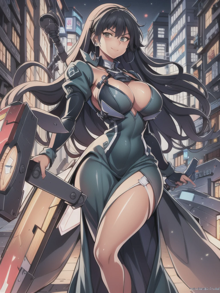 masterpiece,best quality,kim_kwang_hyun, 1girl,musashi , large breasts, large Long hair, Blueish-black hair, bangs, solo, big busty , large huge breasts, looking at viewer,  clear brown colored eyes, earphones, Large Long hair, blueish-black hair, large huge breasts, long sleeves, dress, cleavage, closed mouth,weapon((shield)), puffy sleeves, arm up, clothing cutout, copyright name, green dress, cleavage cutout, juliet sleeves , power armor, shoulder armor, large Long hair, blueish-black hair, city Smile, neon-green colored eye, Wearing earphones