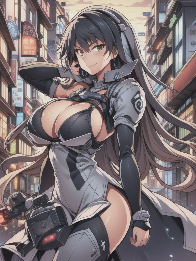 masterpiece,best quality,kim_kwang_hyun, 1girl,musashi , large breasts, large Long hair, Blueish-black hair, bangs, solo, big busty , large huge breasts, looking at viewer,  clear brown colored eyes, earphones, Large Long hair, blueish-black hair, large huge breasts, long sleeves, dress, cleavage, closed mouth,weapon((shield)), puffy sleeves, arm up, clothing cutout, copyright name, green dress, cleavage cutout, juliet sleeves , power armor, shoulder armor, large Long hair, blueish-black hair, city Smile, neon-green colored eye, Wearing earphones