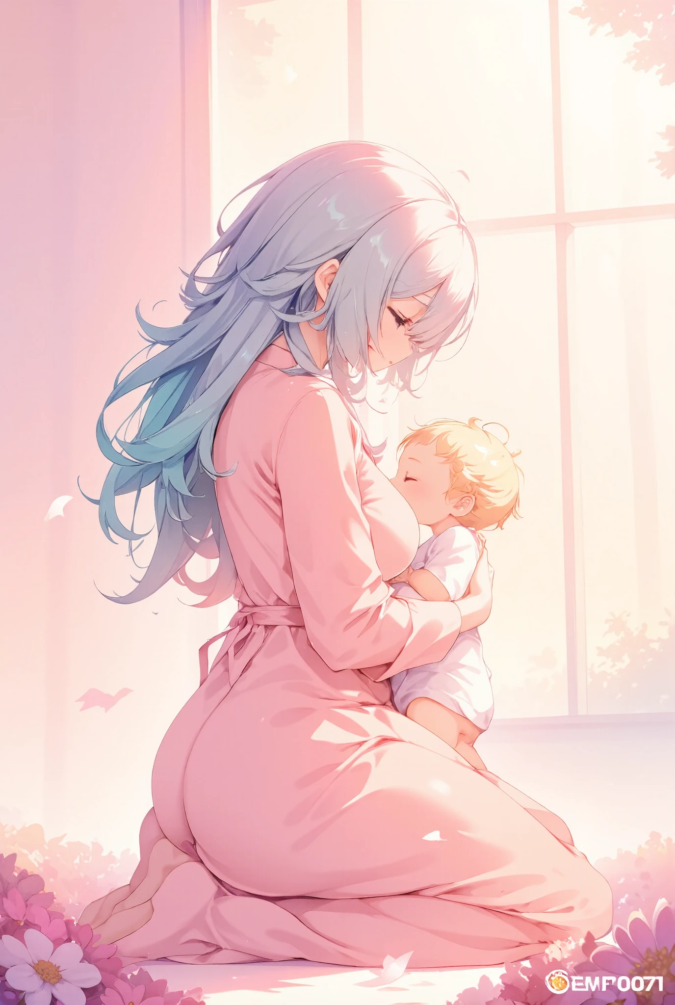 A soft and gentle worldview and color scheme, parent and , kneeling and embracing, lovingly and tenderly, bright pastel colors