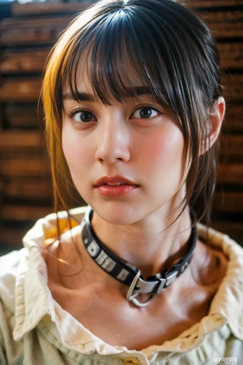 (nsfw:-2),(realistic, photo-realistic:1.4), (master piece, best quality), high resolution, extremely detailed, intricate details, sharp focus, solo, a Japanese mature, cami dress, (pov, face focus, close-up of face, collarbone:1.2), (collar:1.5), detailed face, detailed eyes, sophisticated nose, pale skin, fine-textured skin, t-shirt, skirt, simple background, standing against a wooden wall,long hair and bangs
