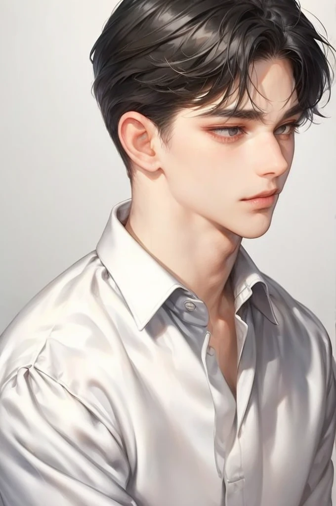 boy, a men, black hair, black eyes, simple background, long eyelashes, have a broad shoulders, white shirt