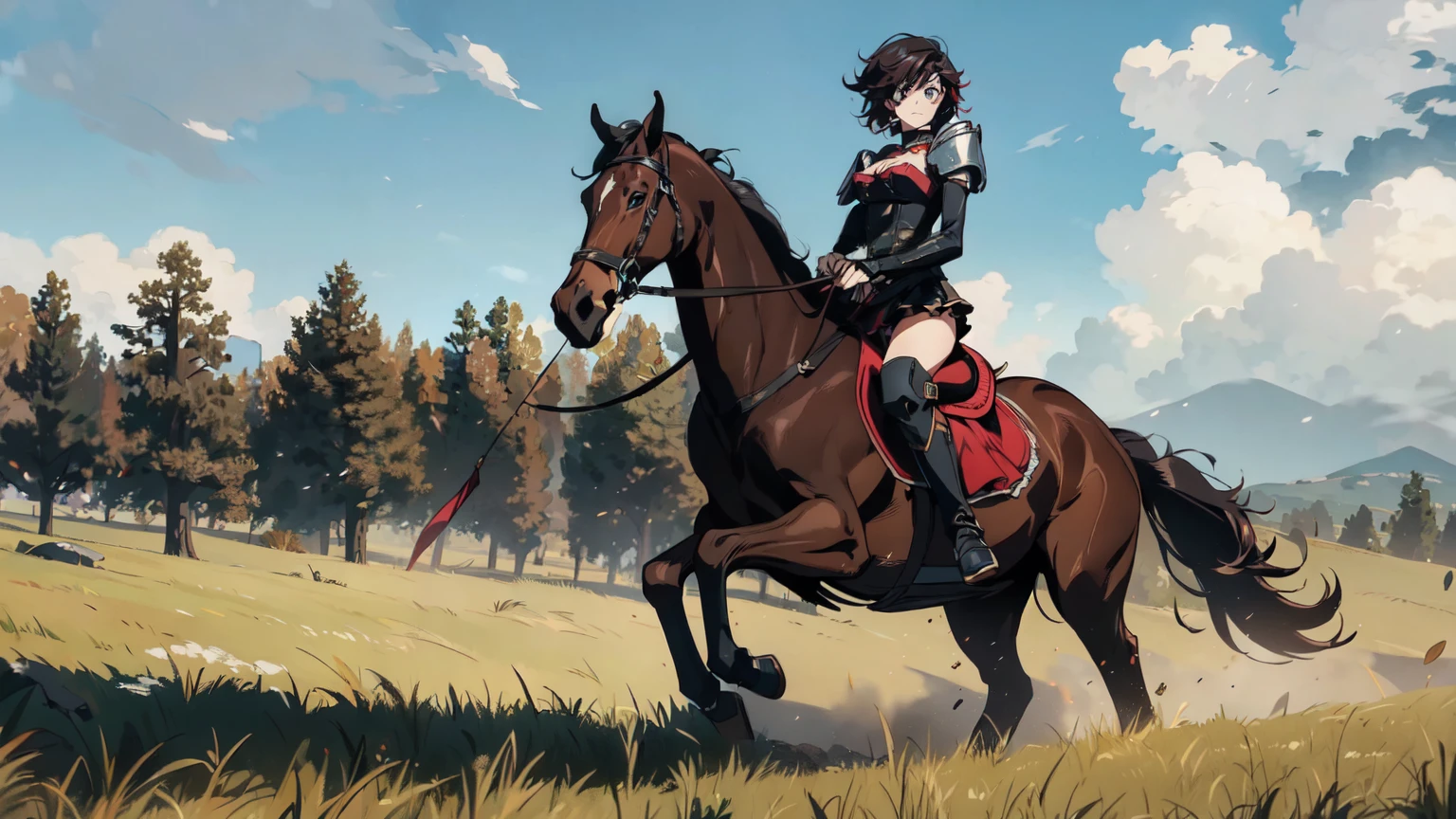 ((best quality)), ((masterpiece)), (high detailed), 8k, codeGeass, cinematic lighting, perfect face, large breast, cleavage, ruby rose riding a HORSE, (ruby rose, short hair, gradient hair, {black hair, red hair}, silver eyes), (red breastplate, shoulder pads, black miniskirt, stockings, black boots), (brown horse, saddle, reins, bridle, stirups), solo, in the grassland, both hand holding rein, from side: 1.2, anatomically correct