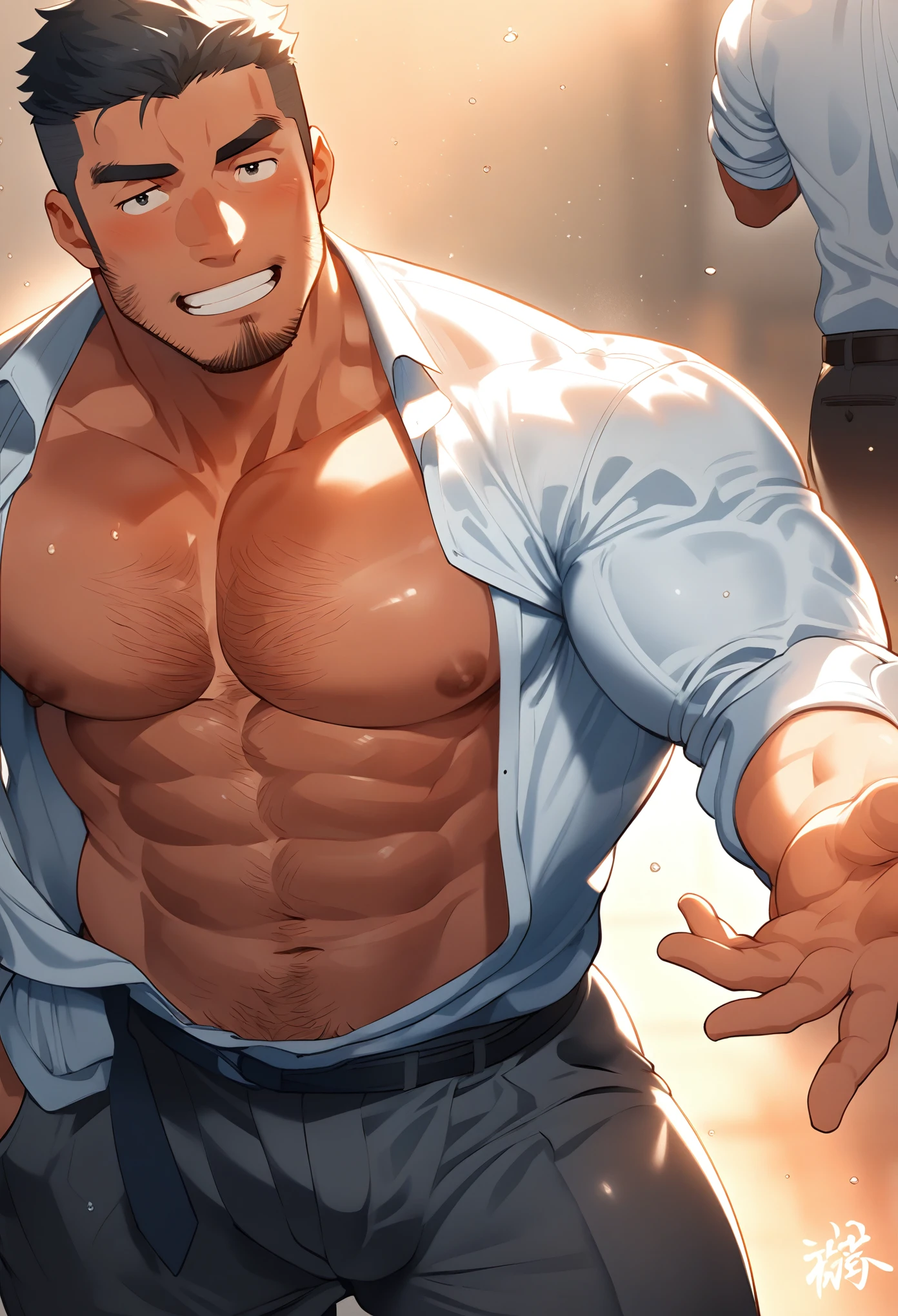 masterpiece, best quality, Japanese, black hair, short hair, chest hair, beefy, tie, open shirt