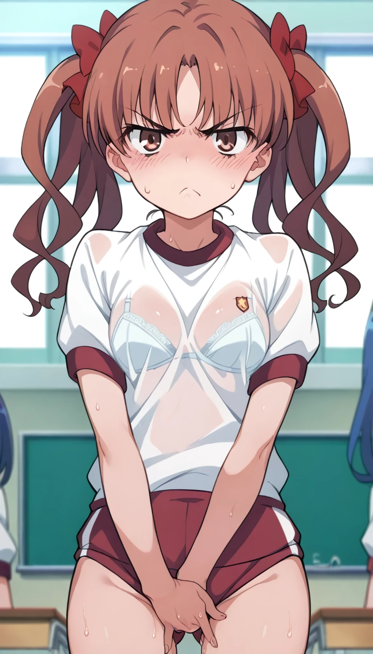 1girl,kuroko, gym,
, gym uniform ,looking at viewer,(sweat:1.1),(scowled:1.3),(serious:1.2), (angry:1.3), neat,(frown:1.3),(blush:1.3),(despair:1.2),(masturbation:1.3) (classroom:1.2)(Transparent white bra:1.1)(big breatests:1.0)(ecstasy:1.4)
