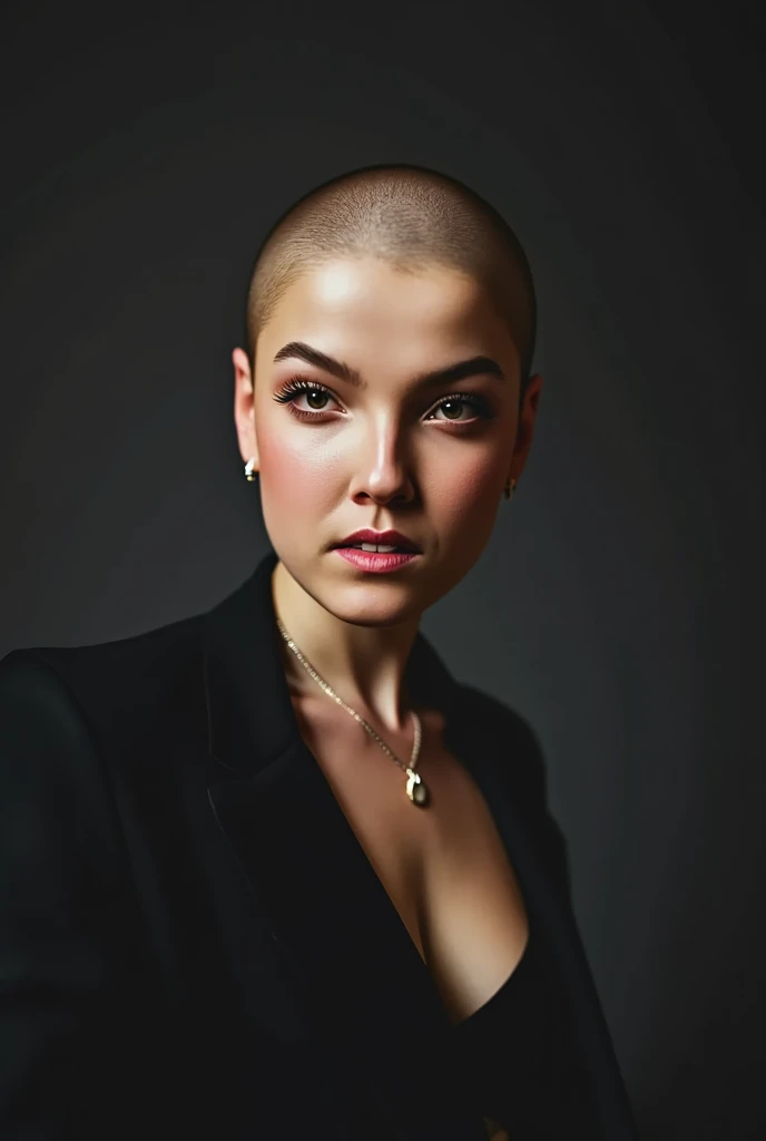 cinematic portrait, a ((bald woman)) with a ((shiny pale hairless head)), (((no hair at all on her head))). detailed, hyper realistic, photorealistic, sharp focus, 8k, hyperdetailed eyes, extremely detailed skin, striking facial features, high contrast lighting, dramatic lighting, moody lighting, strong shadows, cinematic composition, atmospheric, compelling, dramatic, powerful expression, intense gaze, serious expression, (bald head), slight build, athletic physique, female, powerful, confident, authoritative, Feminine. Full body length photograph.