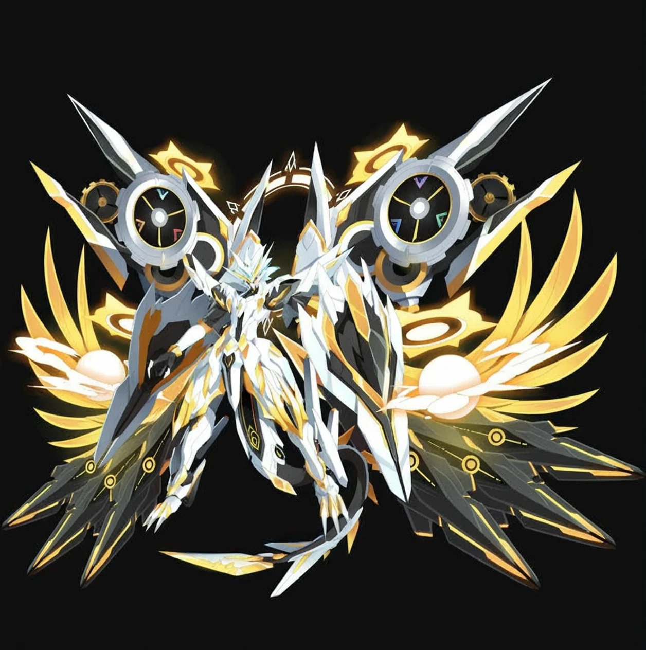 anime, black and gold, white, and yellow, wings, girls robot,  symmetry!! concept art, high detailed official artwork, mecha wings, symphogear, crown of (((white lasers))), goddess' Queen of ai art, crown of white lasers, official artwork