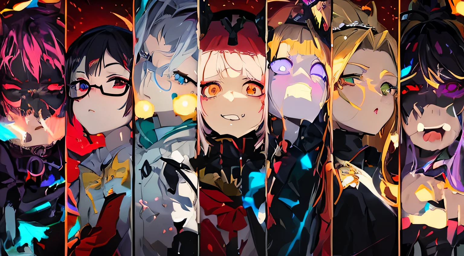  Anime-style art showing several characters aligned vertically in a single image .  Each character must have an intense or mysterious facial expression ,  and have unique styles and details , like glasses, styled hair, accessories or scars .  Use dramatic shadows and highlight the eyes of each character to give a intense appearance.  The image must be divided into vertical sections ,  with each character occupying a separate stripe . The color palette should be soft,  with slightly faded tones ,  but the characters' eyes must be vibrant to stand out .  Detailed style and with strong contrast in the shadows 