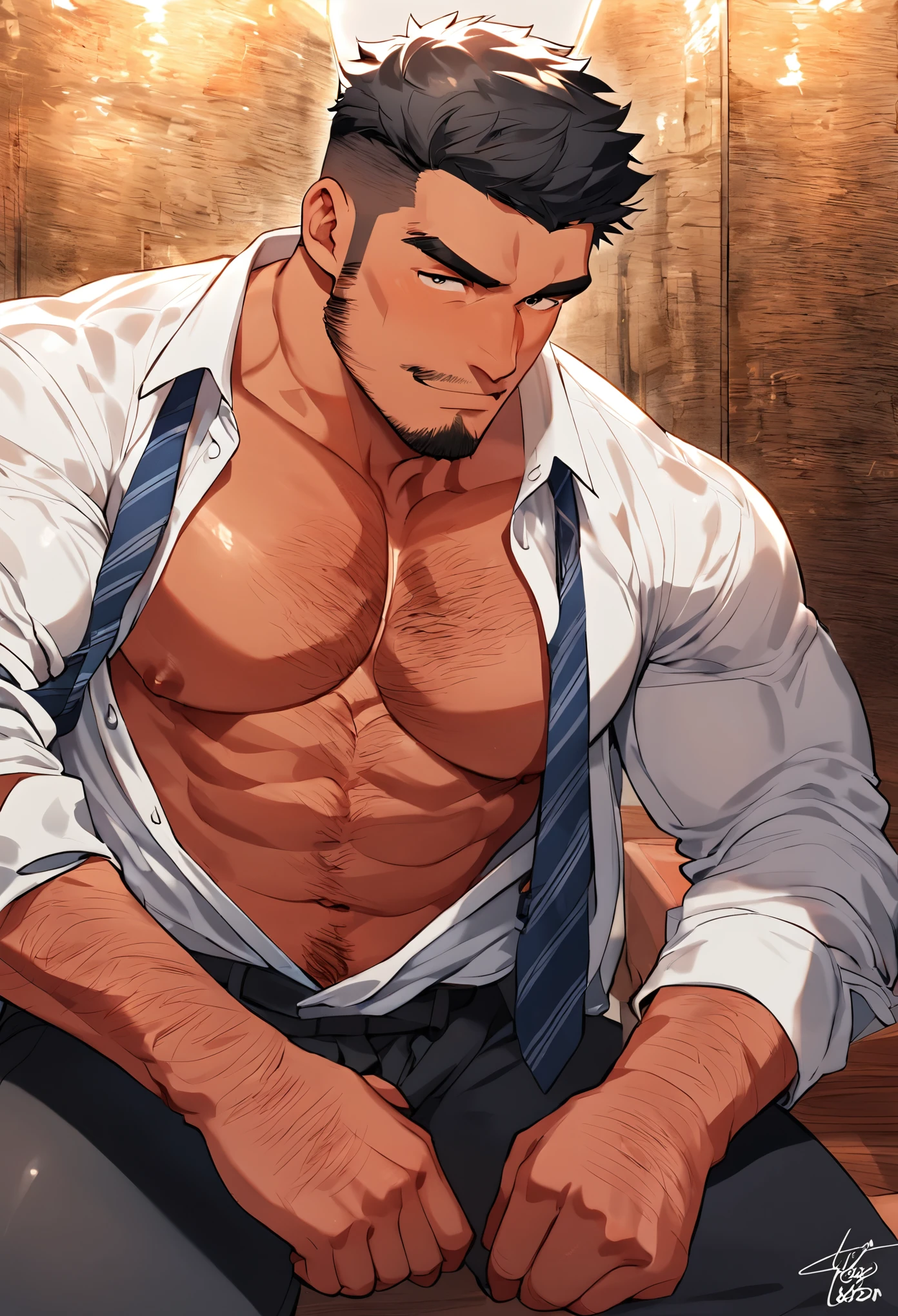 masterpiece, best quality, Japanese, black hair, short hair, chest hair, beefy, tie, open shirt