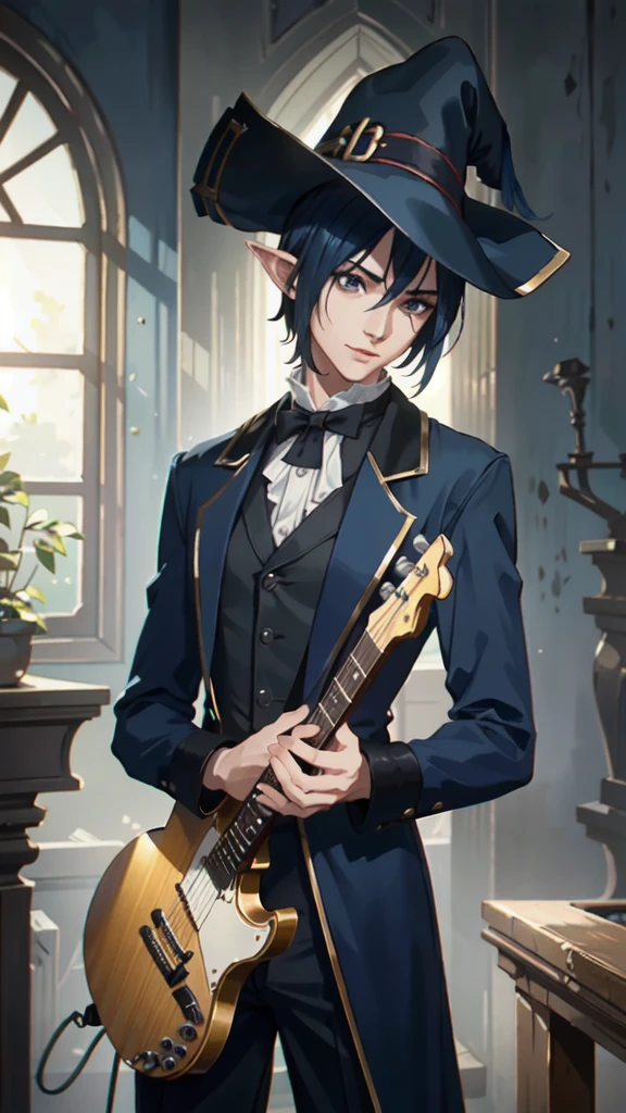 a young thin man with short spiky blue hair, wide-brimmed hat, dark blue clothes, raincoat, pirate, holding acoustic guitar, smiling, pointed ears, androgynous appearance, detailed facial features, stand up pose, portrait, dramatic lighting, cinematic, dynamic composition, depth of field, mosquetero, (best quality,4k,8k,highres,masterpiece:1.2),ultra-detailed,(realistic,photorealistic,photo-realistic:1.37)