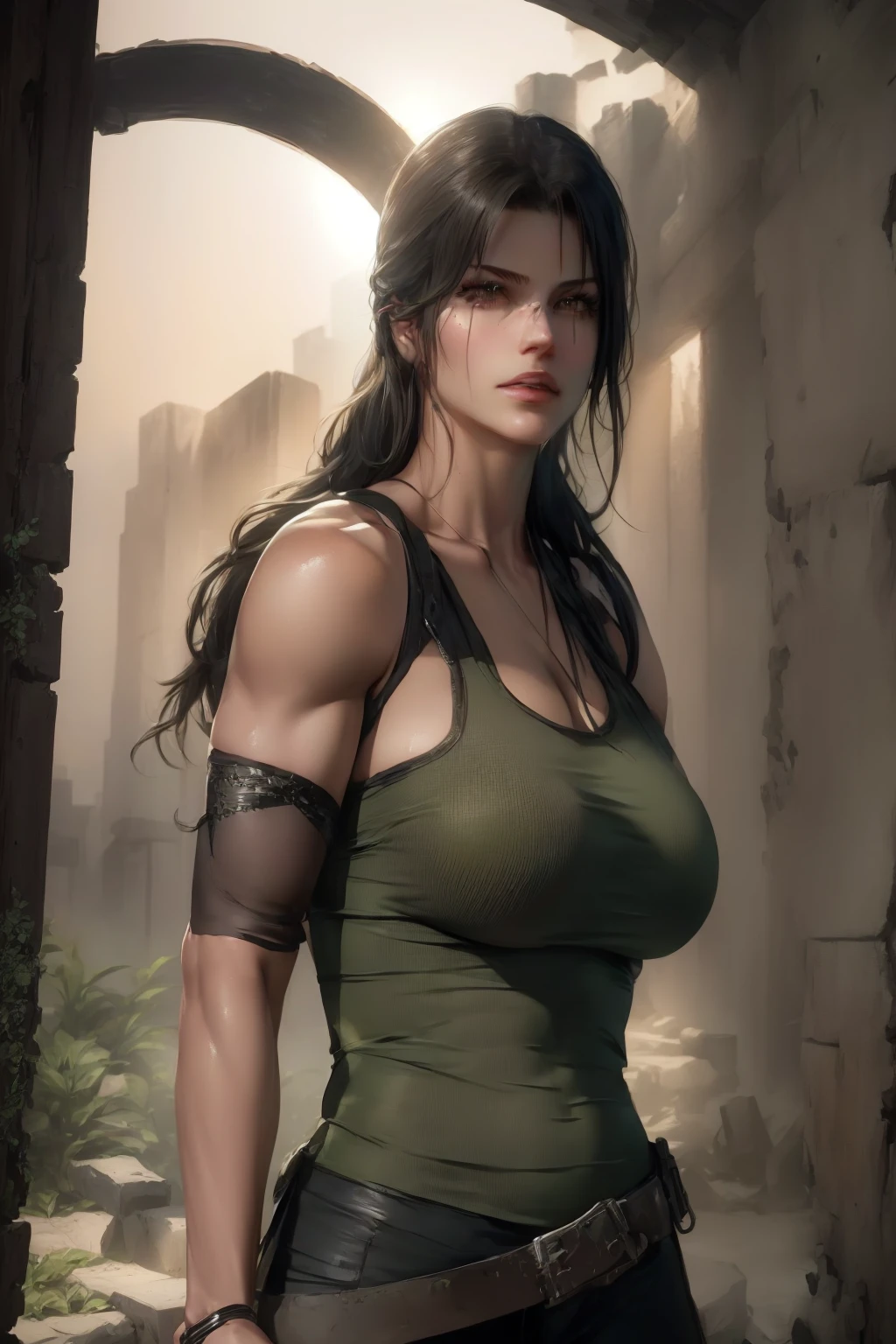 arafed woman in a green tank top and black pants posing for a picture, muscular sweat lara croft, lara croft, tomb raider beautiful, portrait of lara croft, lara croft relaxing, ancient ruins behind her, tifa lockhart, quiet from metal gear solid v, lara croft medieval, quiet from metal gear solid, character is in her natural pose, adventure hyper realistic render