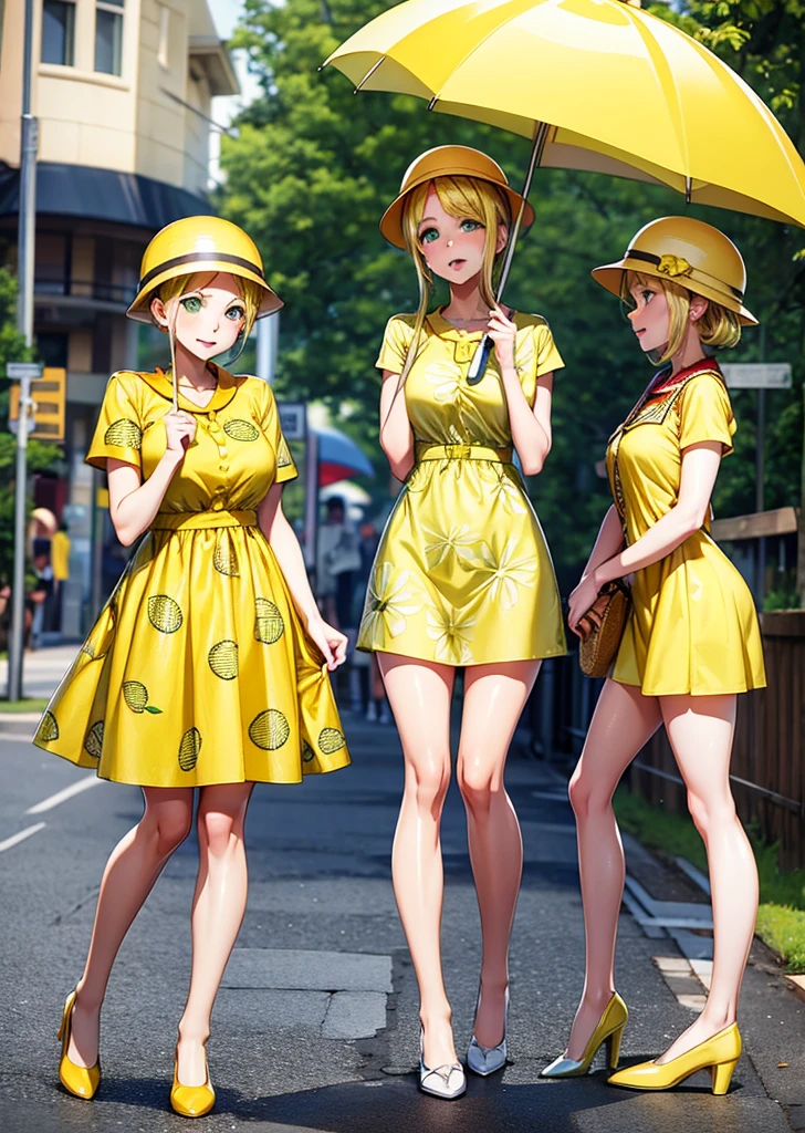  shortcut, Blonde, Green Eyes、yellow mini dress、Lemon pattern、Yellow Hat、umbrella