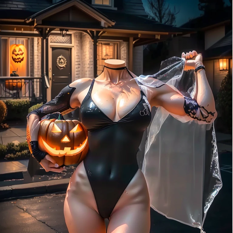 there is a woman in a bodysuit holding a bag of   Halloween decorations,   Halloween atmosphere,   Trick or Treat  , scary appearance, in a   Halloween style,   Halloween art style,   Halloween scene,  superhero bodybuilder's swimsuit ,   3 d neon art of a woman's body  ,   Halloween, inspired by Rob Liefeld, realistic bikini, full suit, she is a gourd,   Halloween theme, In a quiet city in the USA  ,  there is a headless woman ,   perfect skin is wearing a swimsuit  , posing in front of a house ,  Lycra swimsuit model black ,  Asuka as a surfer model ,  queen of a true ocean photo shoot, posing on the beach,  30-year-old headless woman from Hellsink  ,  wet Lycra swimsuit black , Malika Favre, ,  realistic one-piece swimsuit in black Lycra, night scene ,  carrying a pumpkin , Jack o lantern,  On the right hand ,  black cover on the left hand , .noite de haloween , young skin, without stretch marks,  bright blue light on the right ,  bright red light left , red LEDs in the houses 